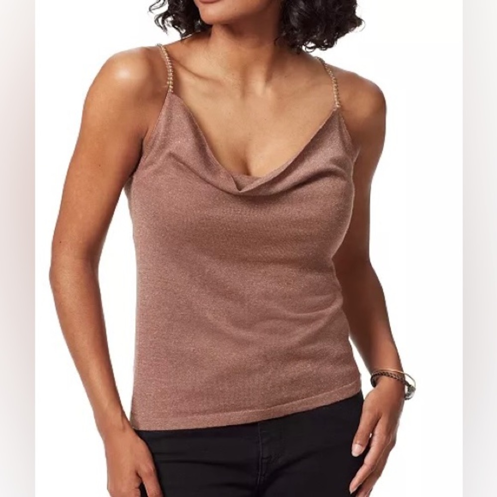 Sam Edelman Rhinestone Strap Shimmer Cowlneck Top